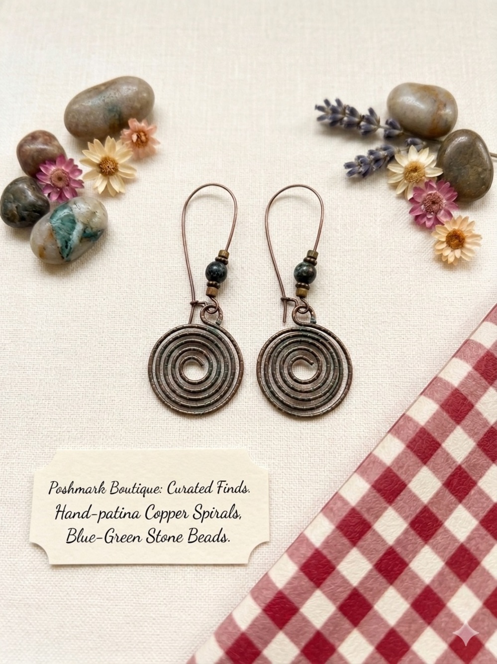 Hand-Patina Copper Spiral Drop Earrings with Blue-Green Stone Beads